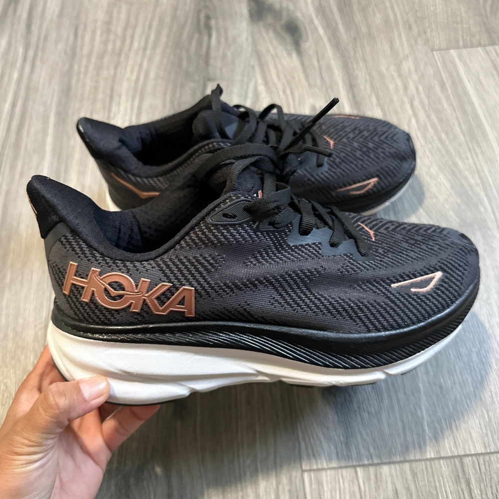 Hoka Black and Copper Athletic Shoes